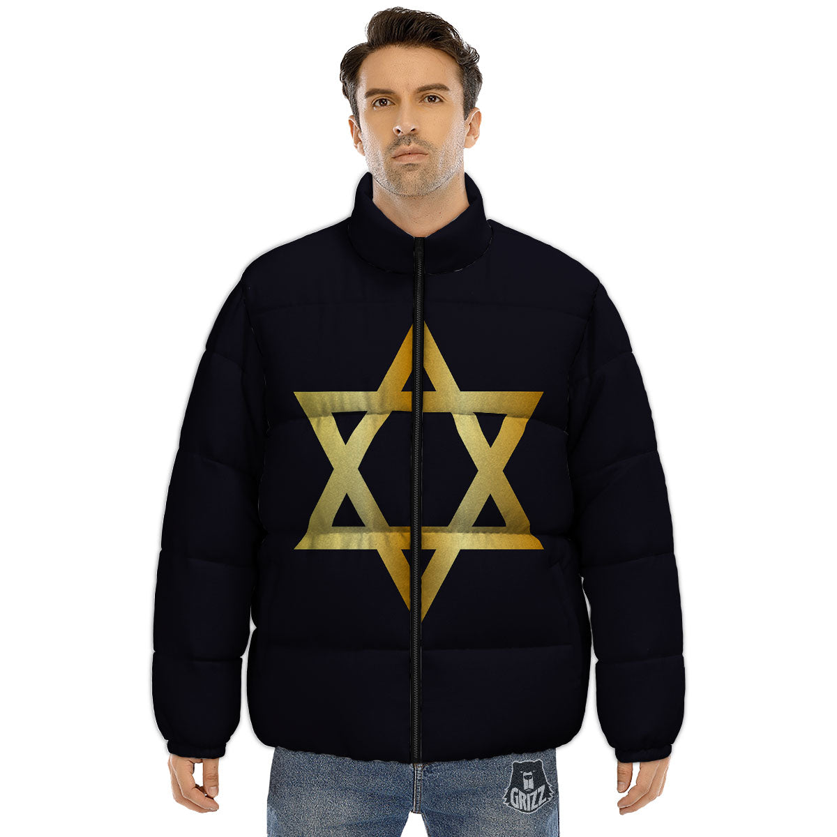 Star Of David Golden Print Puffer Jacket-grizzshop