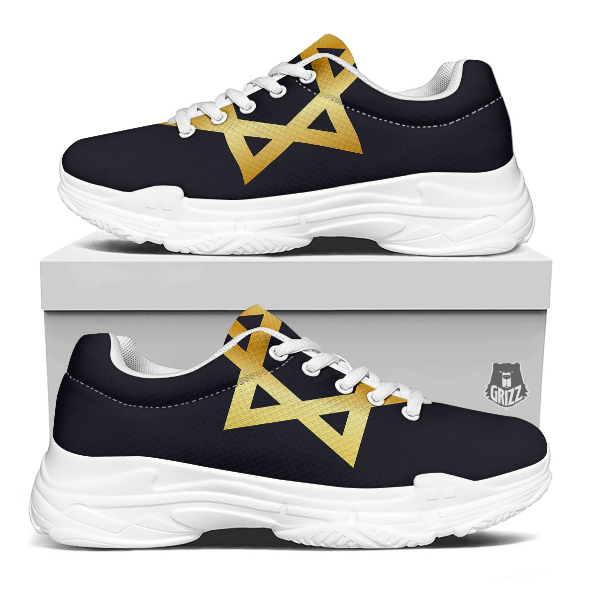 Star Of David Golden Print White Chunky Shoes-grizzshop