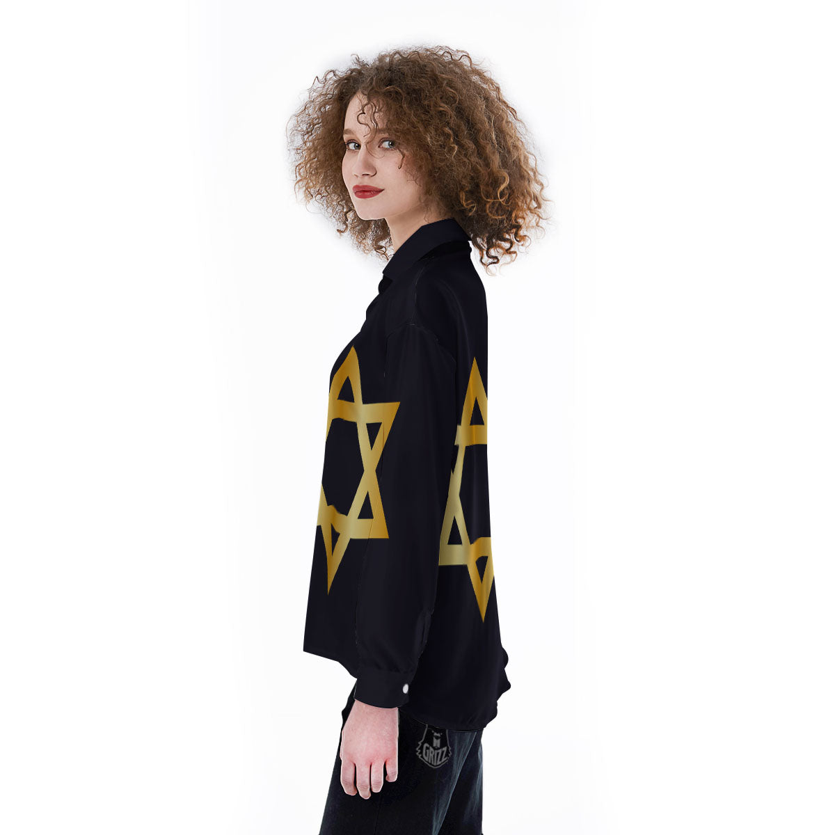 Star Of David Golden Print Women's Long Sleeve Shirts-grizzshop