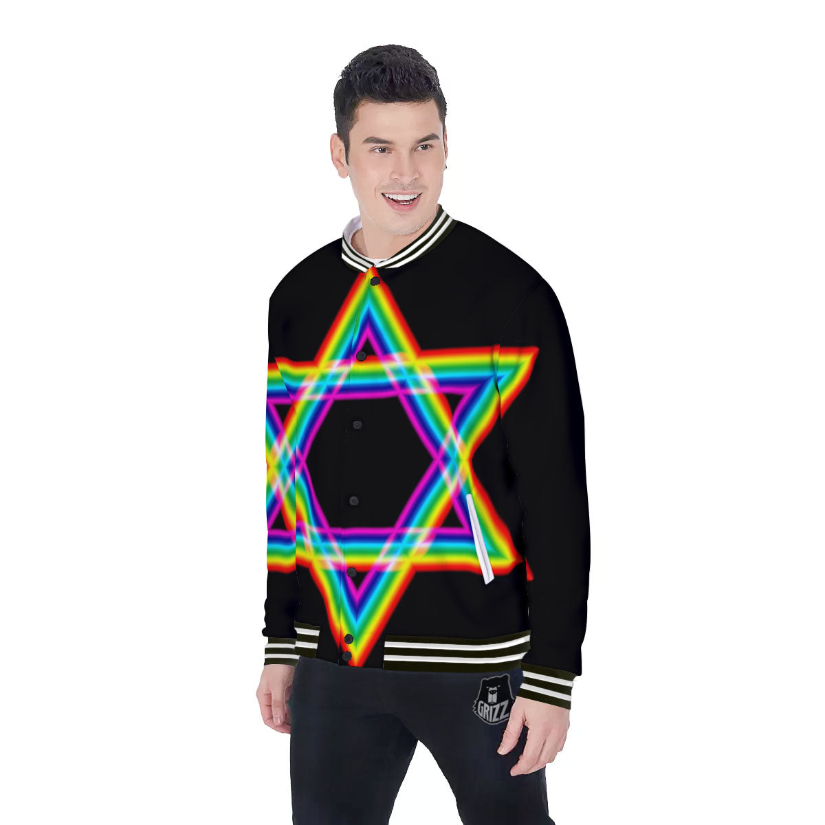 Star Of David Rainbow Print Baseball Jacket-grizzshop