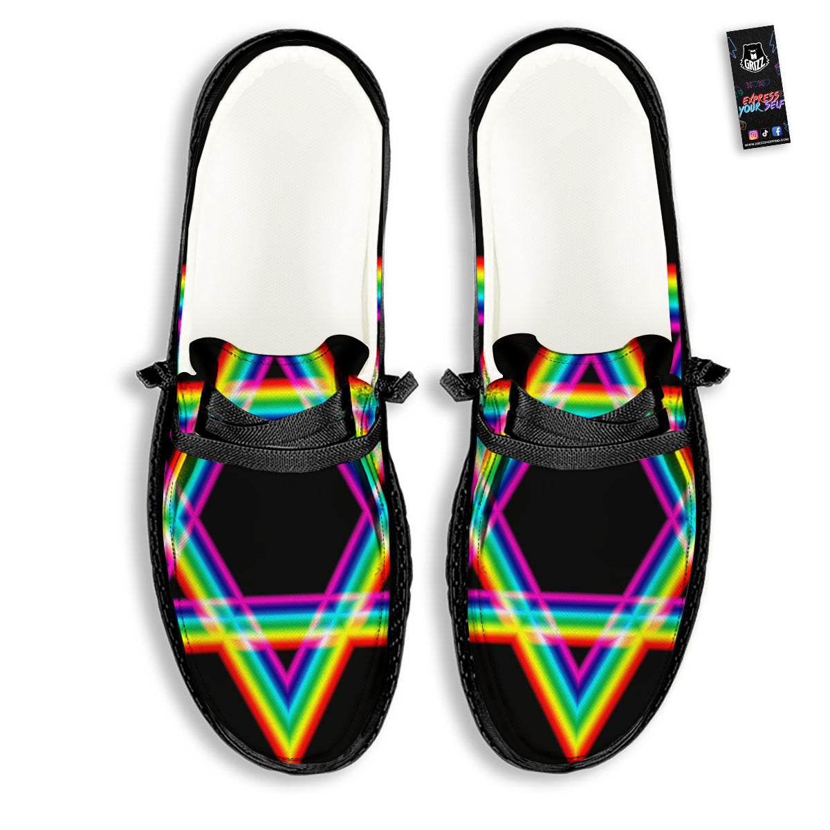 Star Of David Rainbow Print Black Loafers-grizzshop