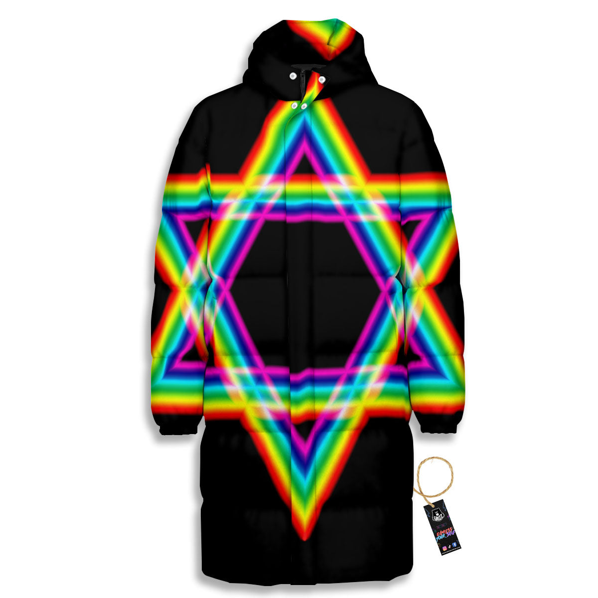 Star Of David Rainbow Print Long Down Jacket-grizzshop
