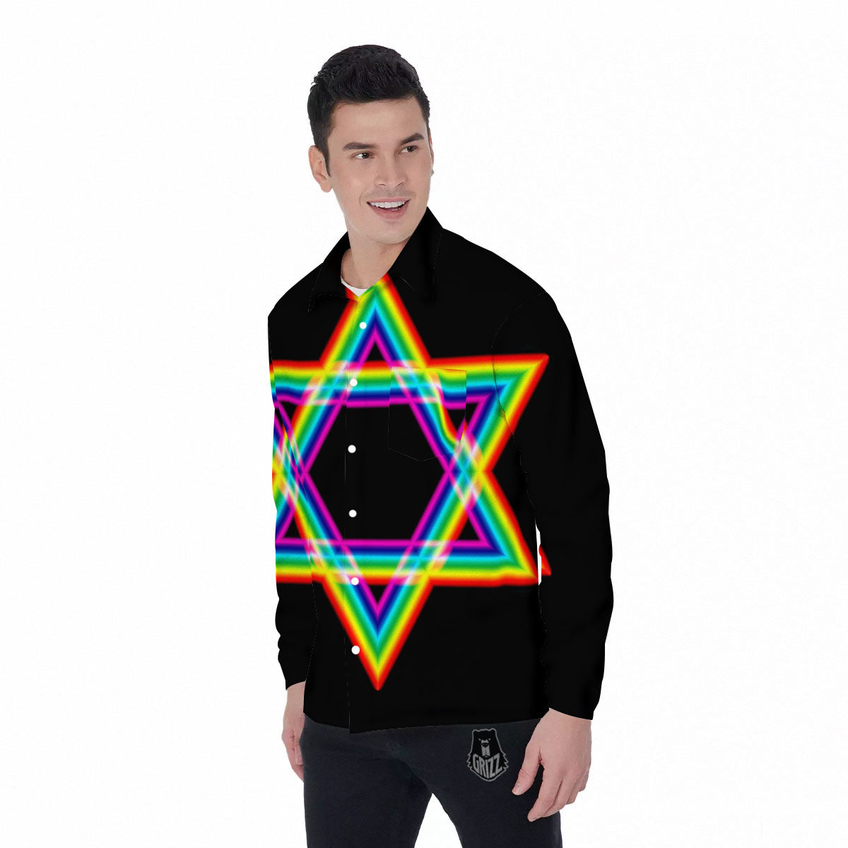 Star Of David Rainbow Print Men's Long Sleeve Shirts-grizzshop