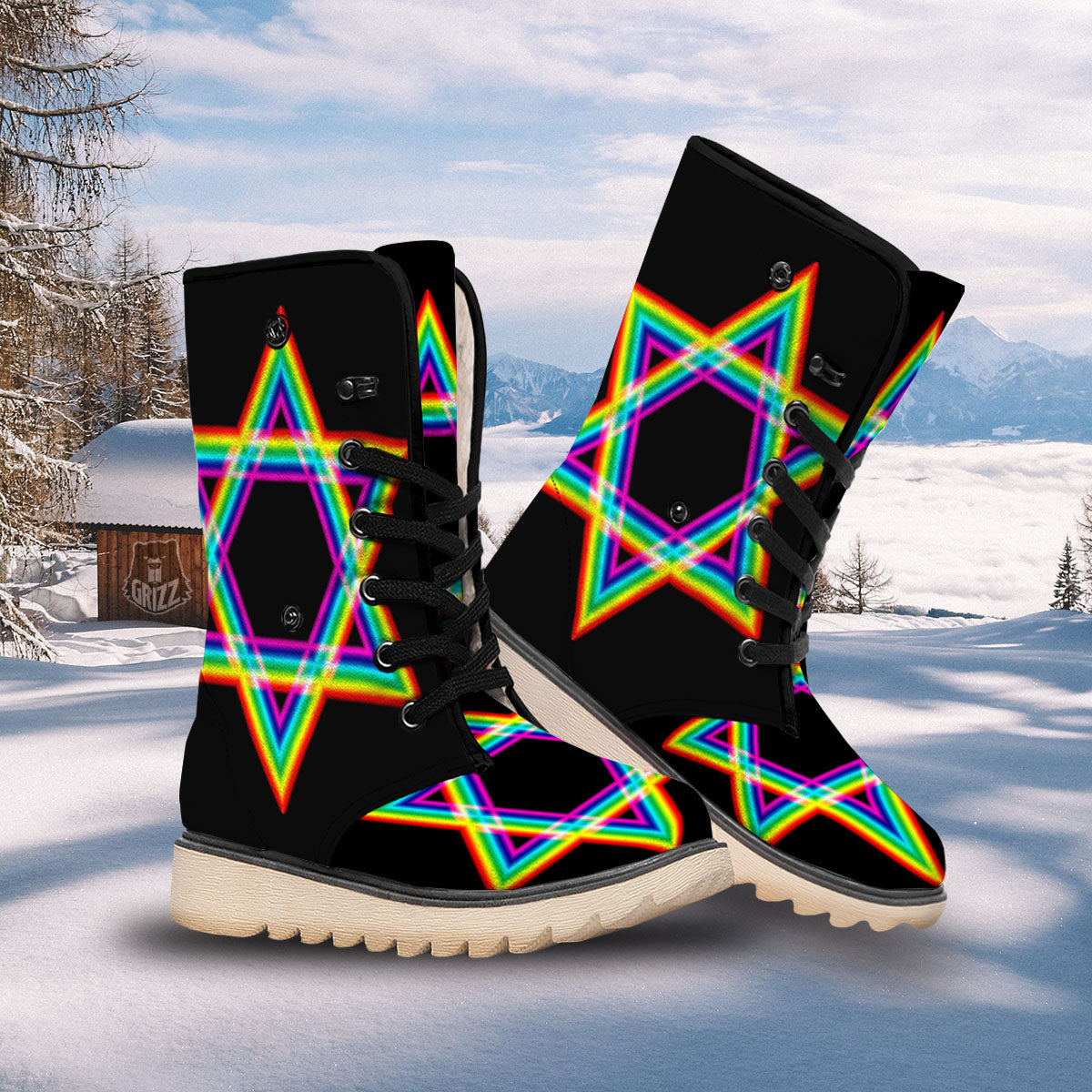 Star Of David Rainbow Print Snow Boots-grizzshop