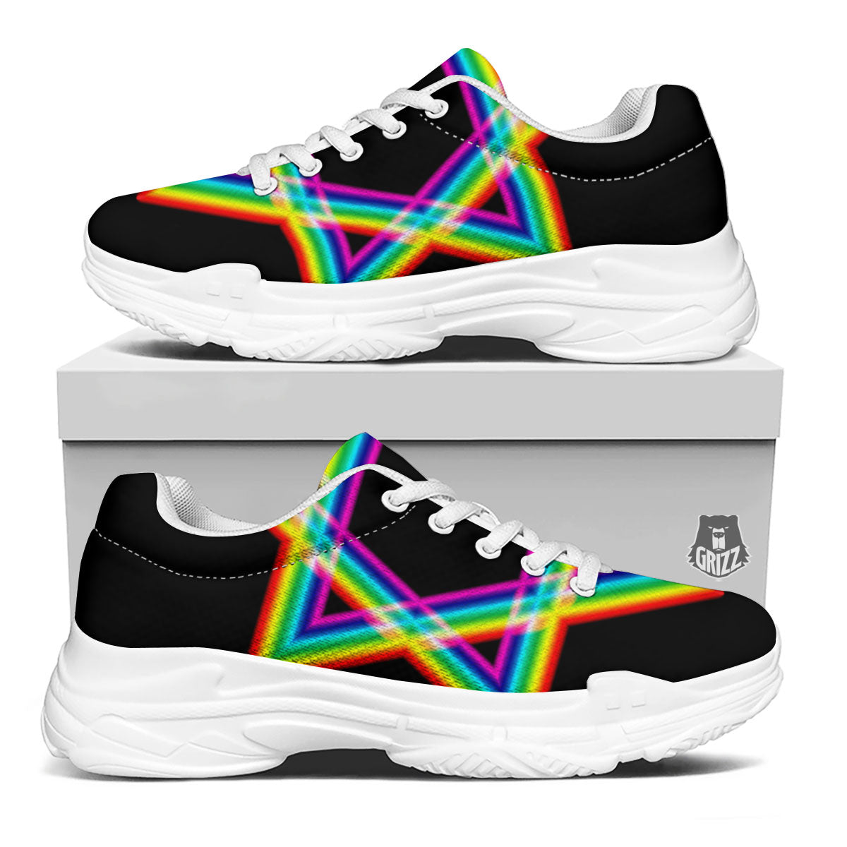Star Of David Rainbow Print White Chunky Shoes-grizzshop