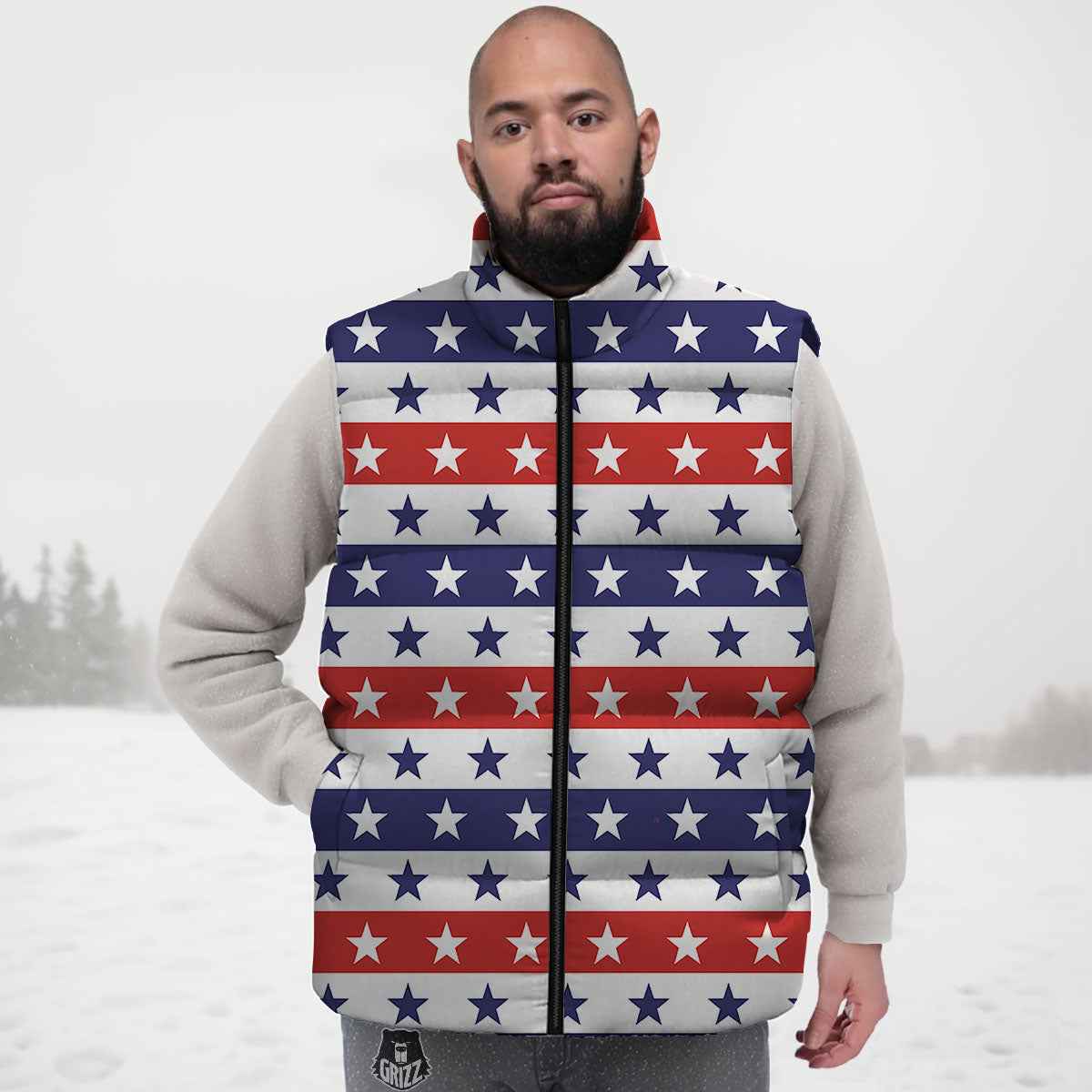 Star U S A Patriotic Print Pattern Down Vest