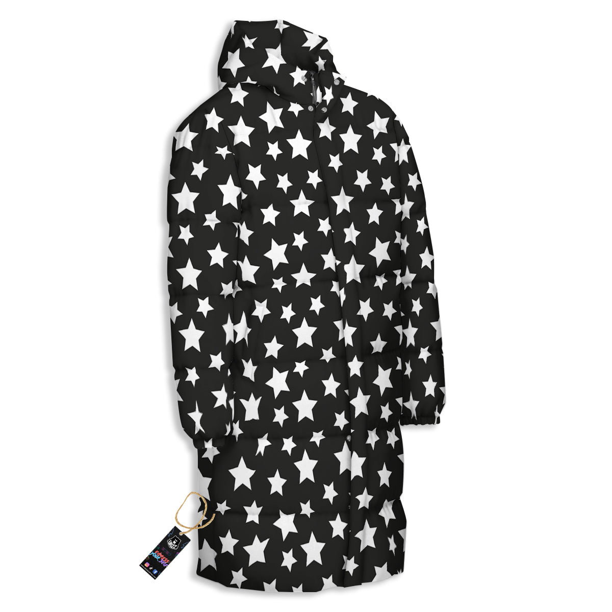 Star White And Black Print Pattern Long Down Jacket-grizzshop