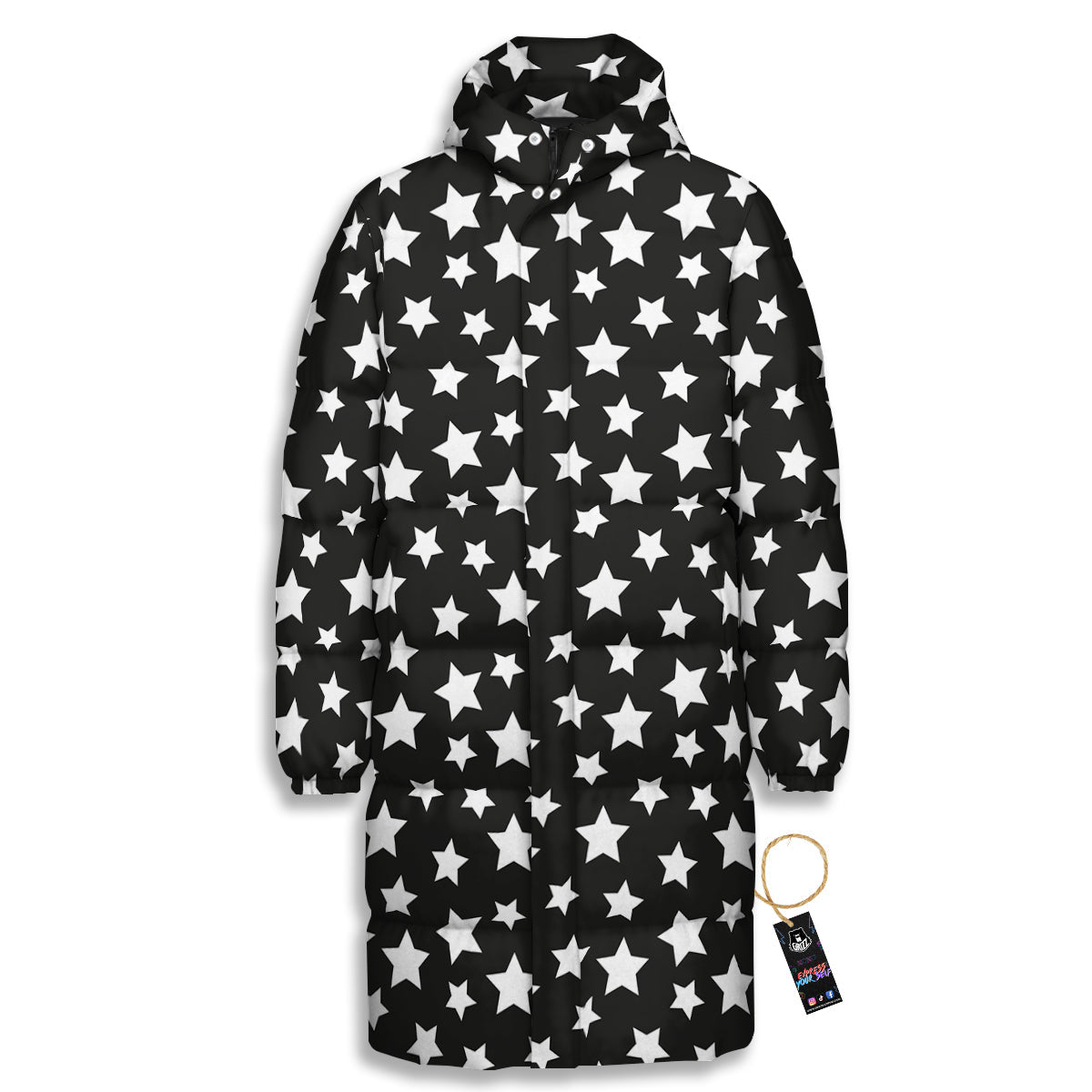 Star White And Black Print Pattern Long Down Jacket-grizzshop