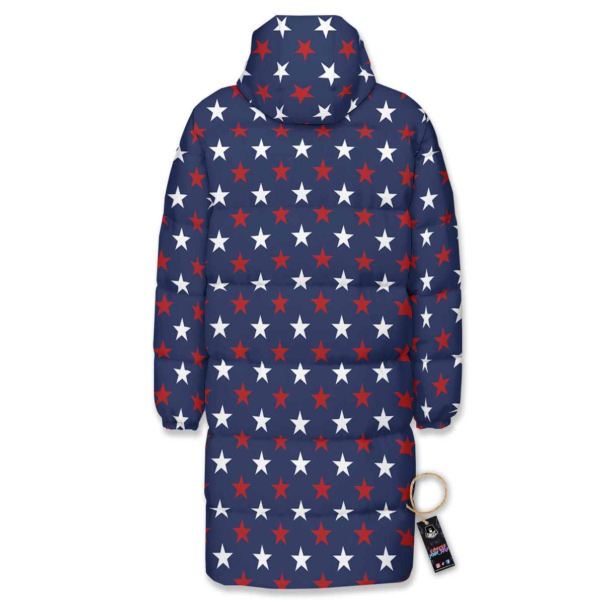 Star White And Red Print Pattern Long Down Jacket-grizzshop