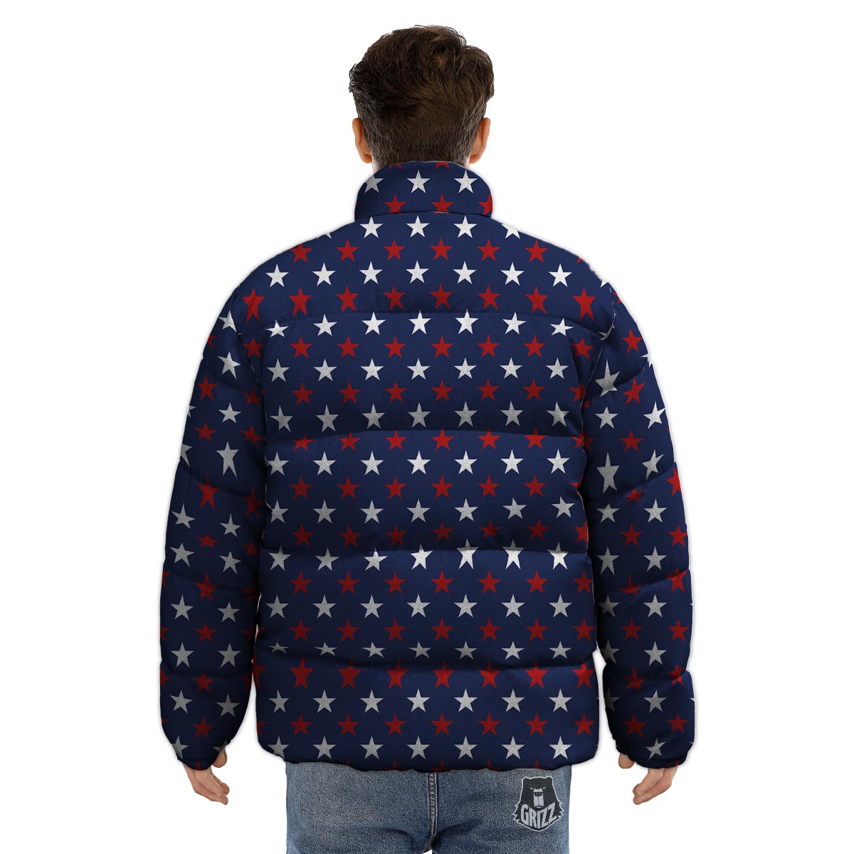 Star White And Red Print Pattern Puffer Jacket-grizzshop