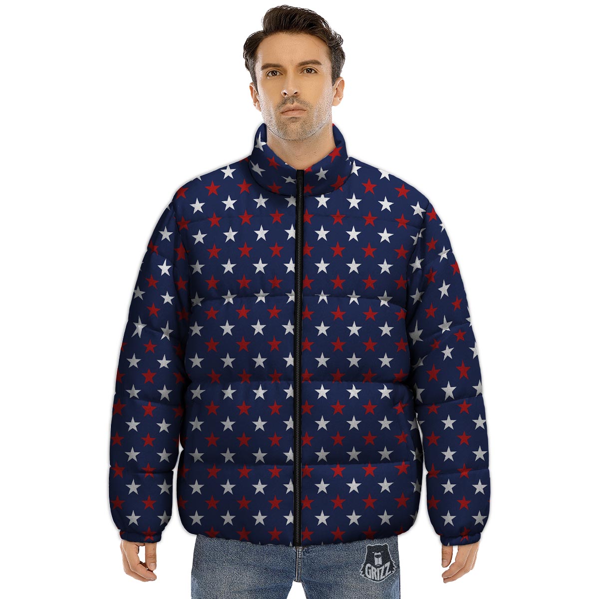 Star White And Red Print Pattern Puffer Jacket-grizzshop