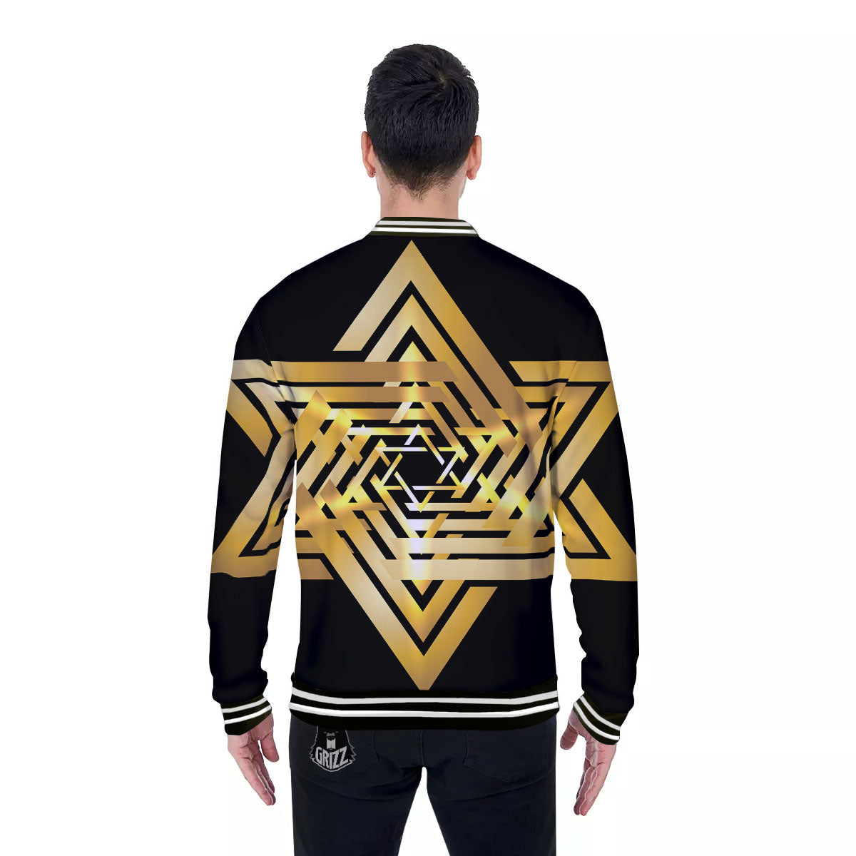 Star of David Gold And Black Print Baseball Jacket-grizzshop
