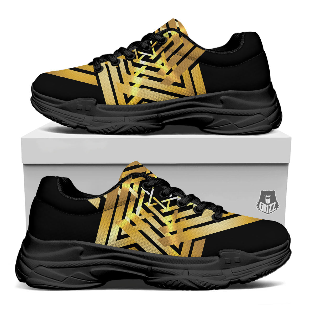 Star of David Gold And Black Print Black Chunky Shoes-grizzshop