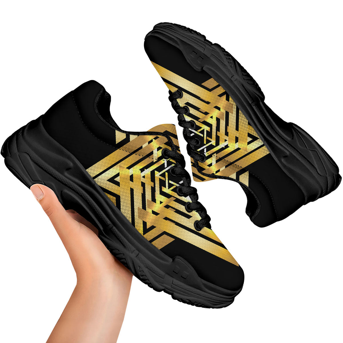 Star of David Gold And Black Print Black Chunky Shoes-grizzshop