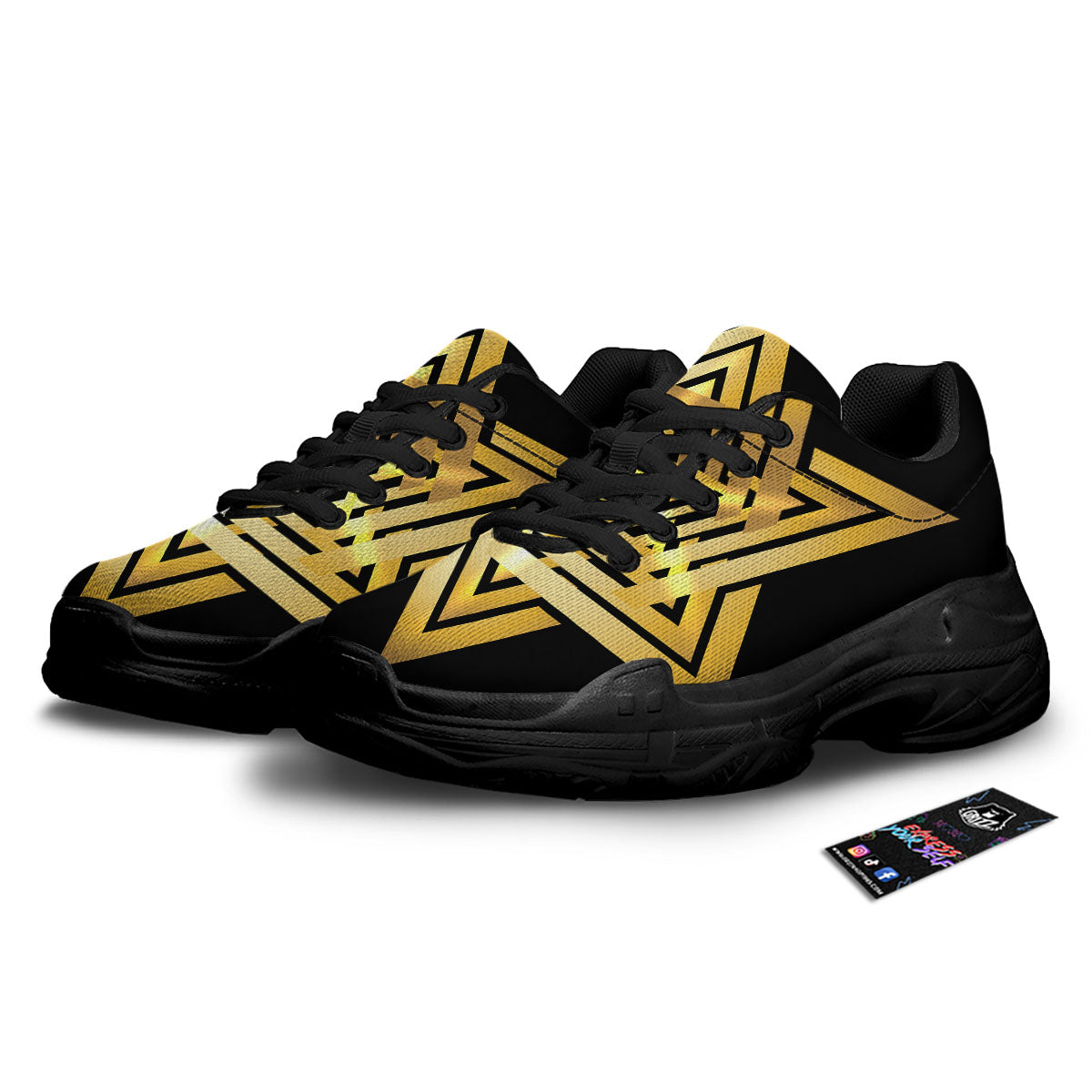 Star of David Gold And Black Print Black Chunky Shoes-grizzshop