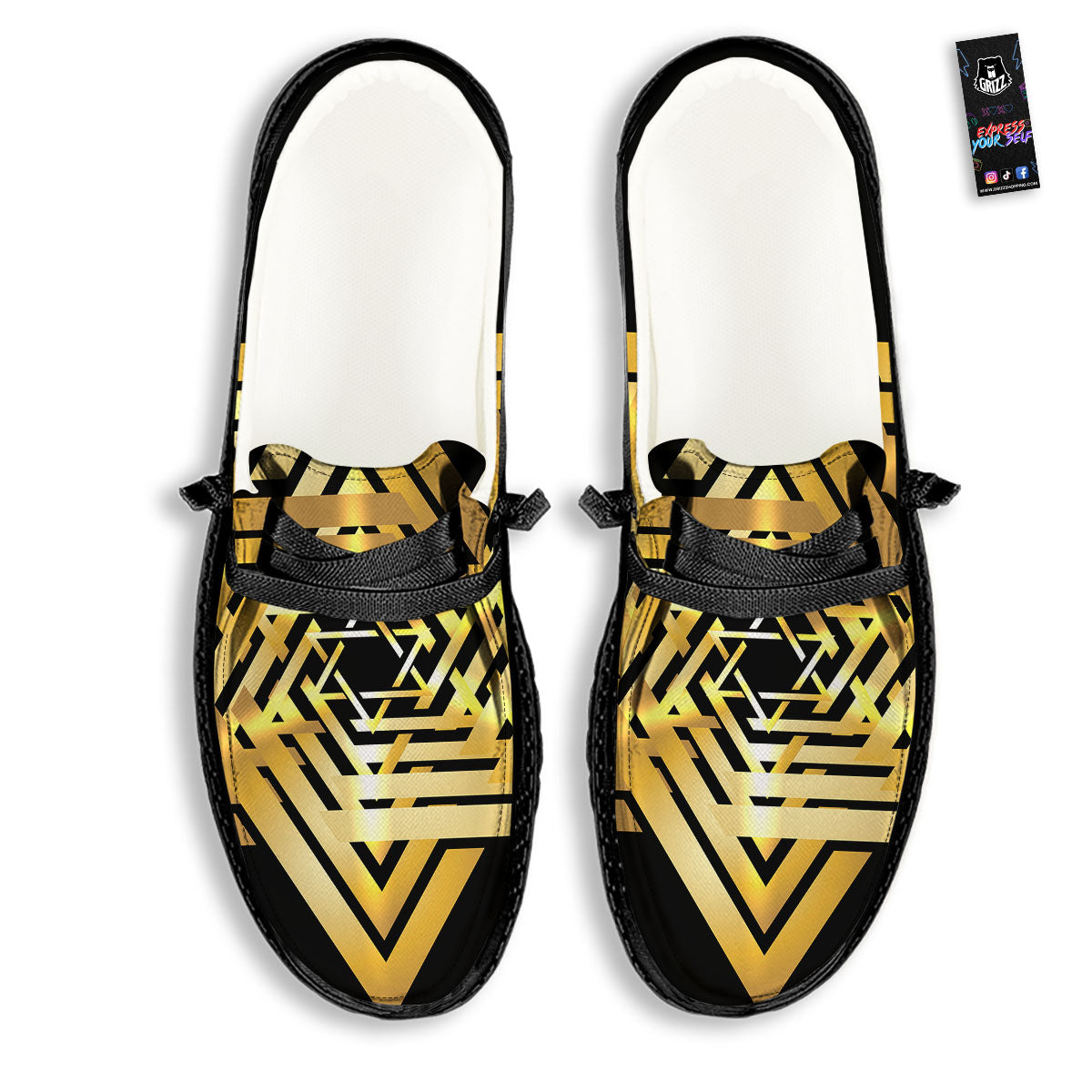 Star of David Gold And Black Print Black Loafers-grizzshop