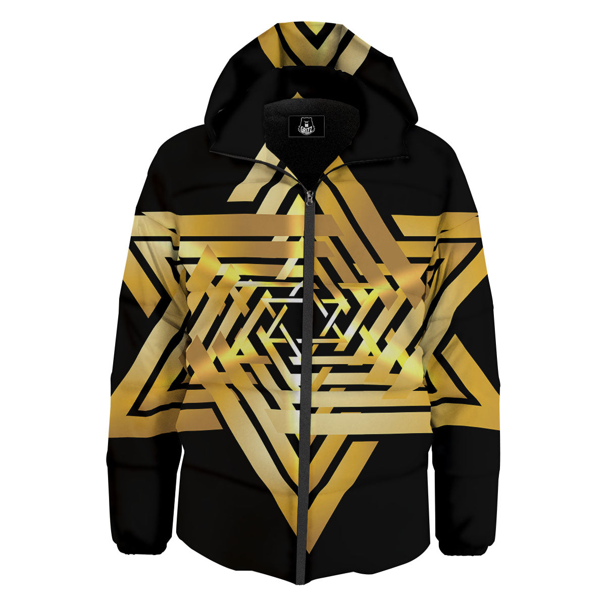 Star of David Gold And Black Print Down Jacket-grizzshop