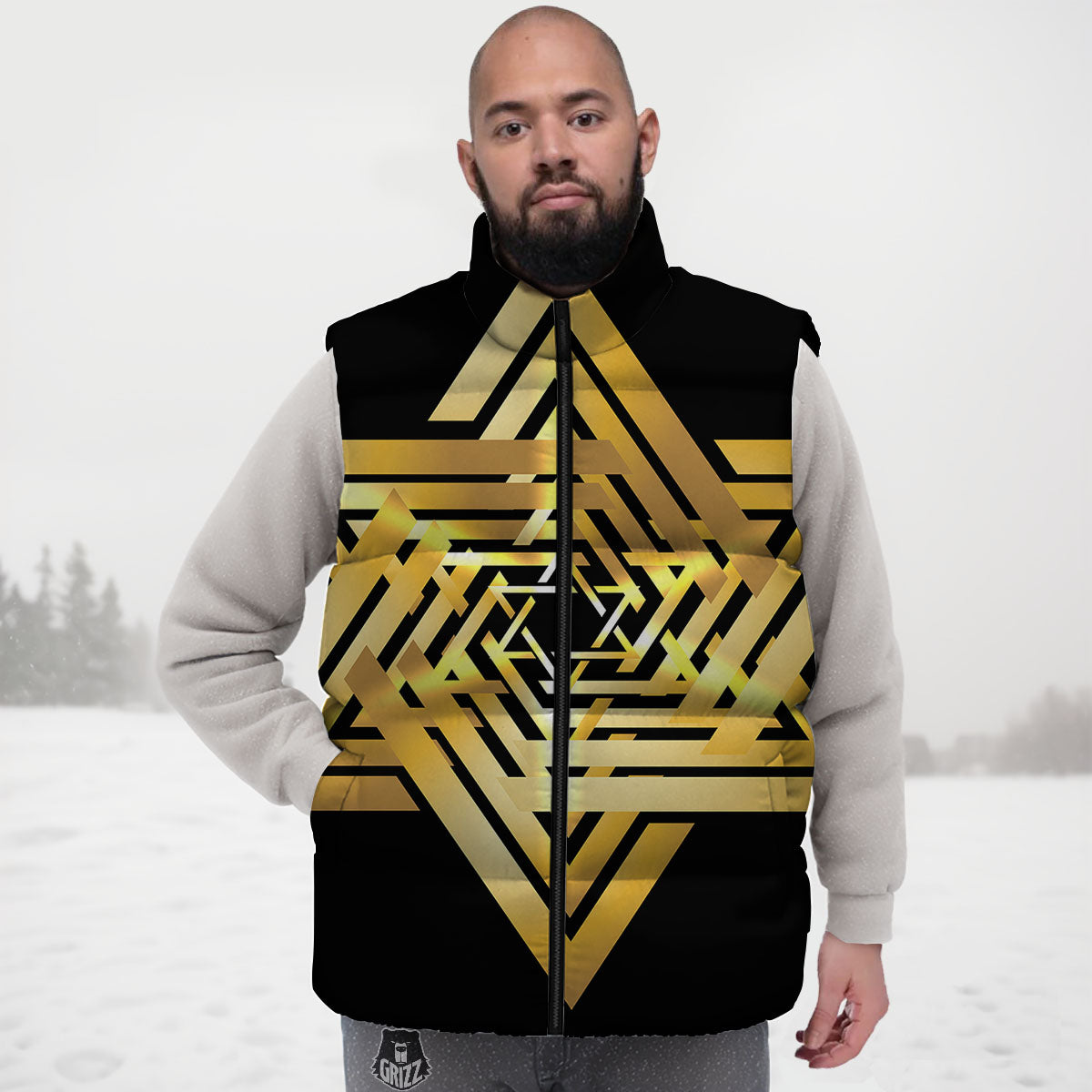 Star of David Gold And Black Print Down Vest