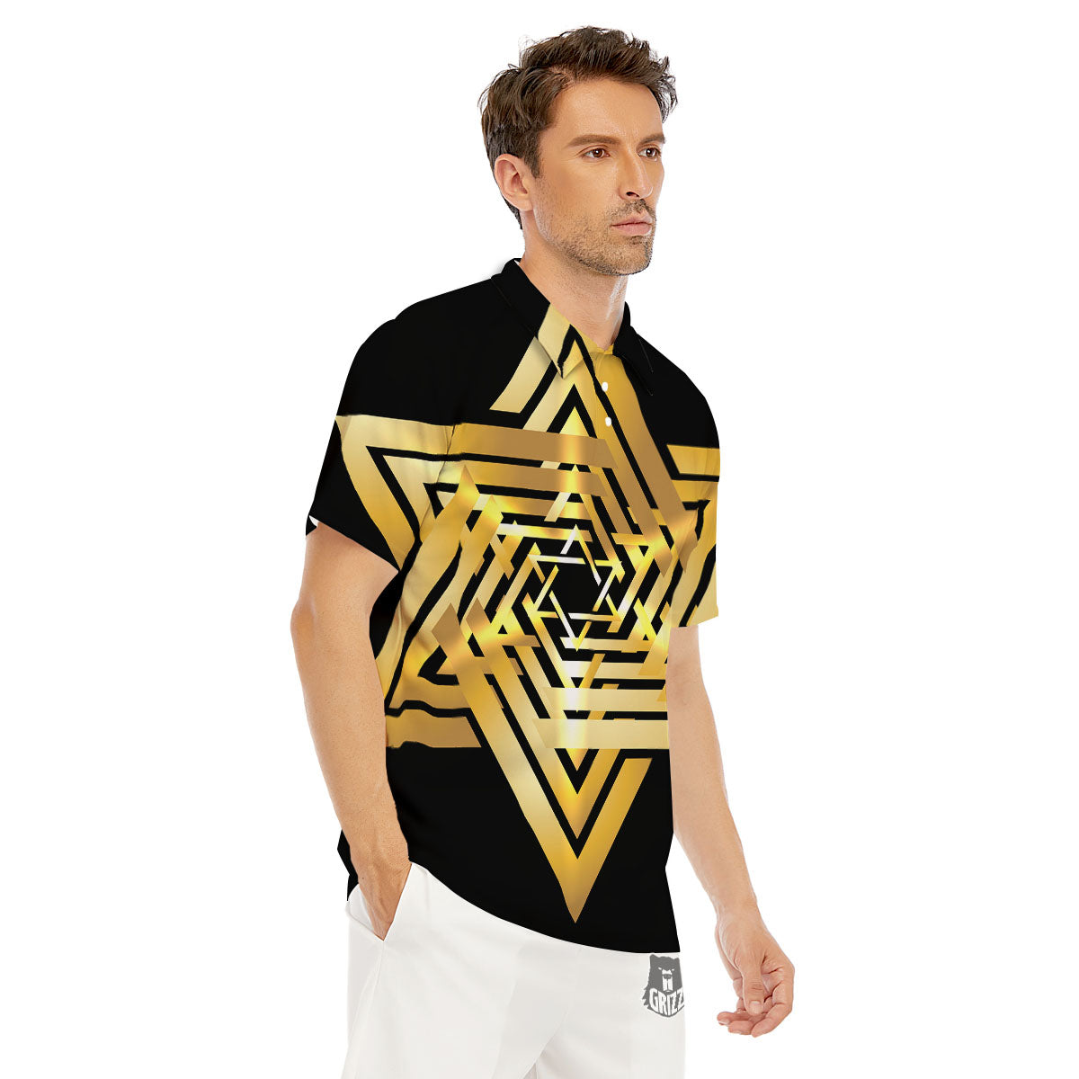 Star of David Gold And Black Print Men's Golf Shirts-grizzshop