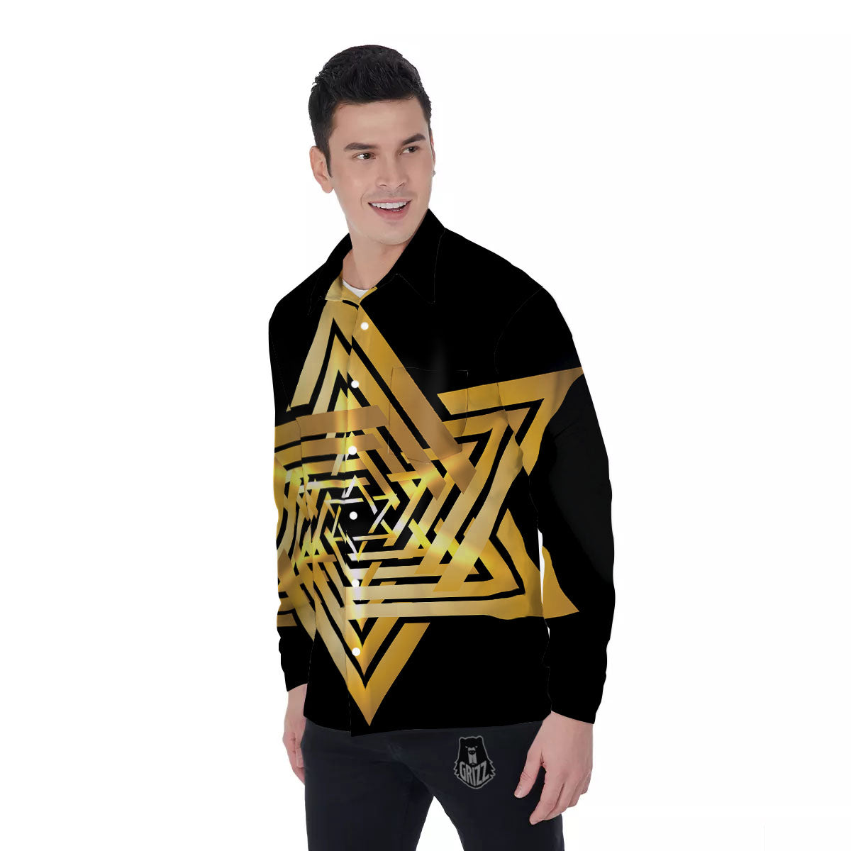 Star of David Gold And Black Print Men's Long Sleeve Shirts-grizzshop