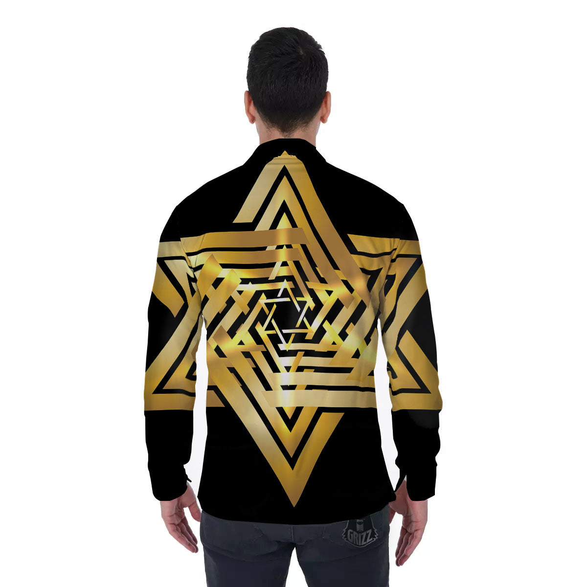 Star of David Gold And Black Print Men's Long Sleeve Shirts-grizzshop
