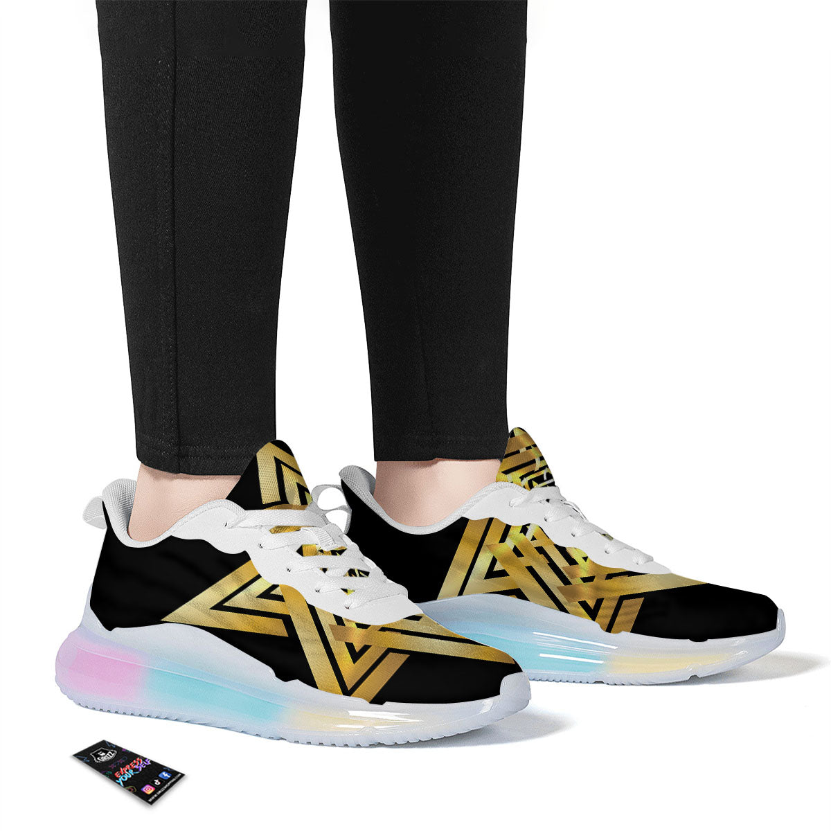 Star of David Gold And Black Print Running Sneakers-grizzshop