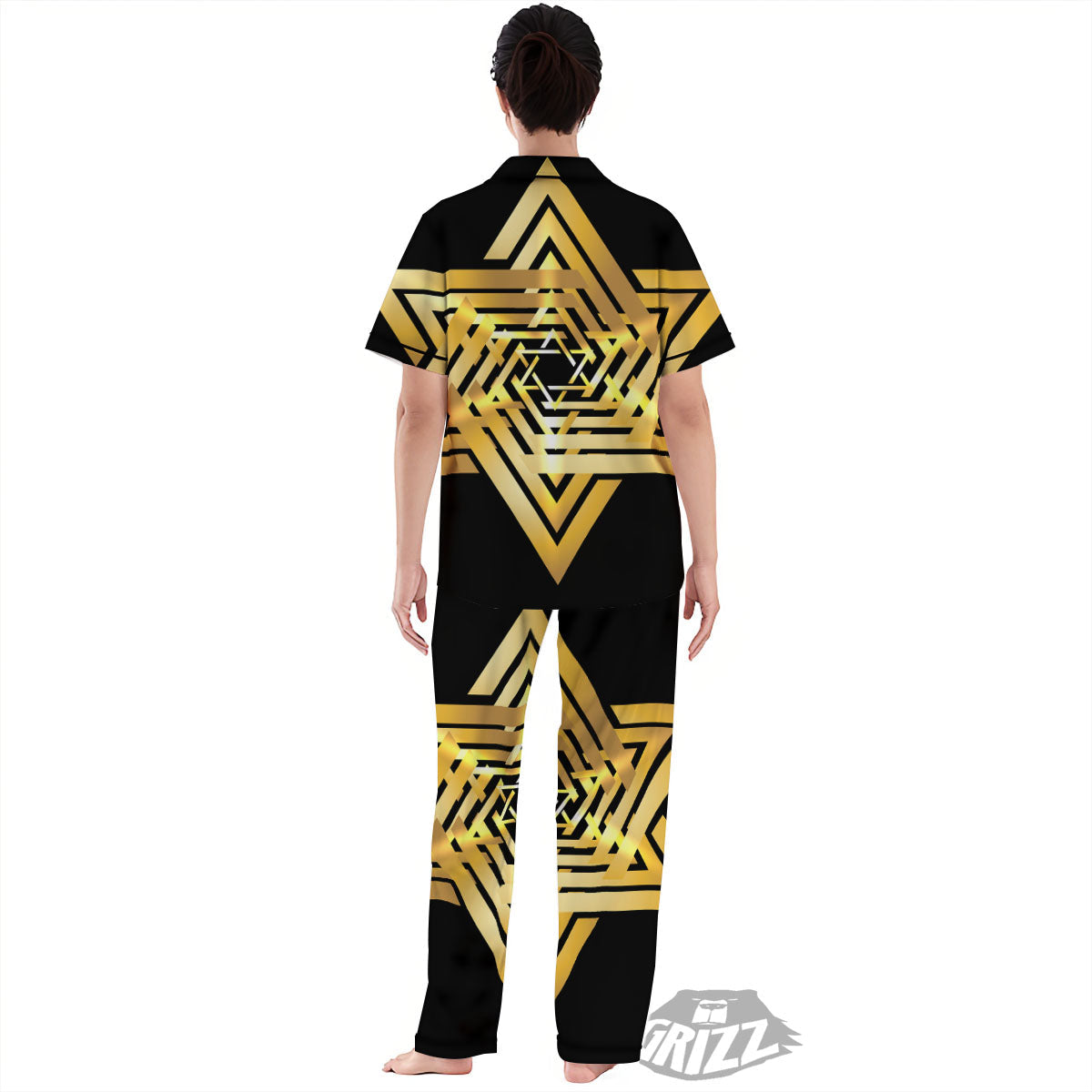 Star of David Gold And Black Print Women's Pajamas Set-grizzshop