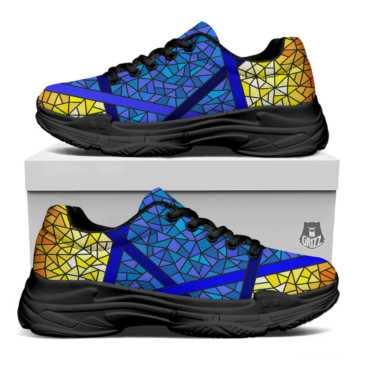 Star of David Stained Glass Print Black Chunky Shoes-grizzshop