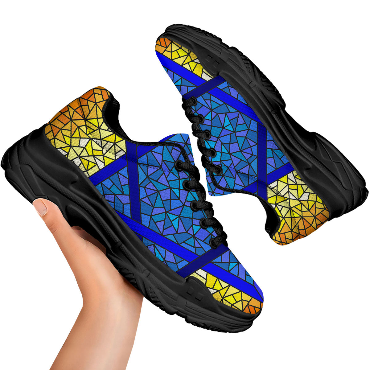 Star of David Stained Glass Print Black Chunky Shoes-grizzshop