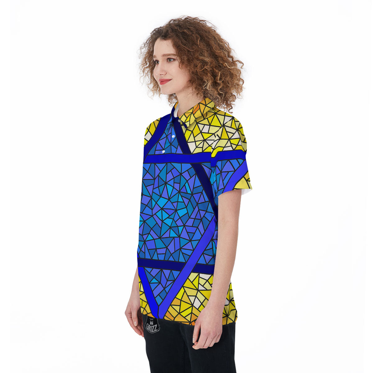 Star of David Stained Glass Print Women's Golf Shirts-grizzshop