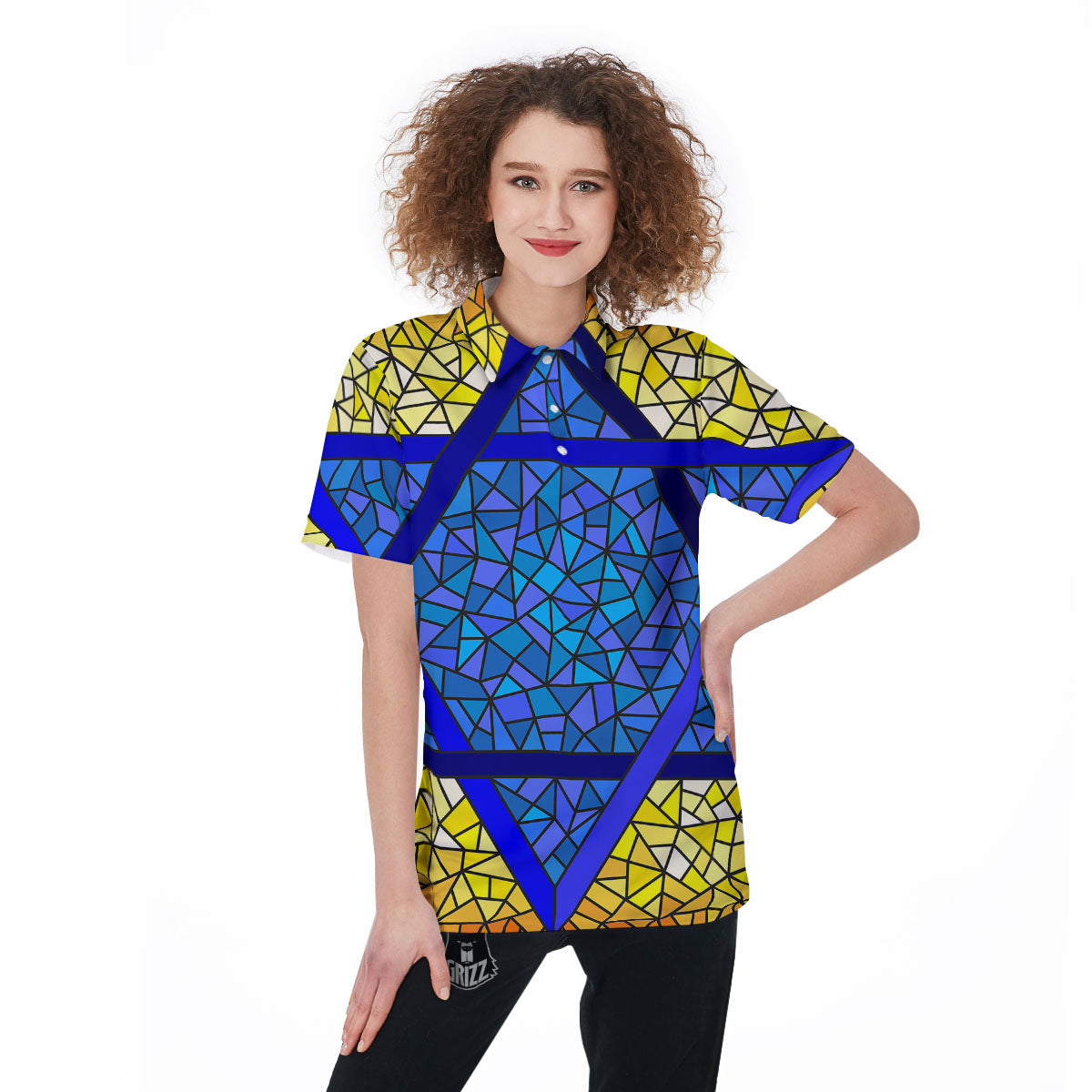 Star of David Stained Glass Print Women's Golf Shirts-grizzshop