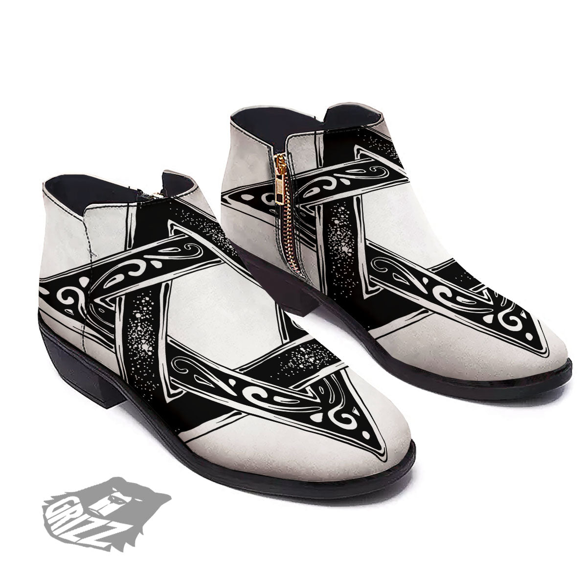 Star of David White And Black Print Ankle Boots-grizzshop