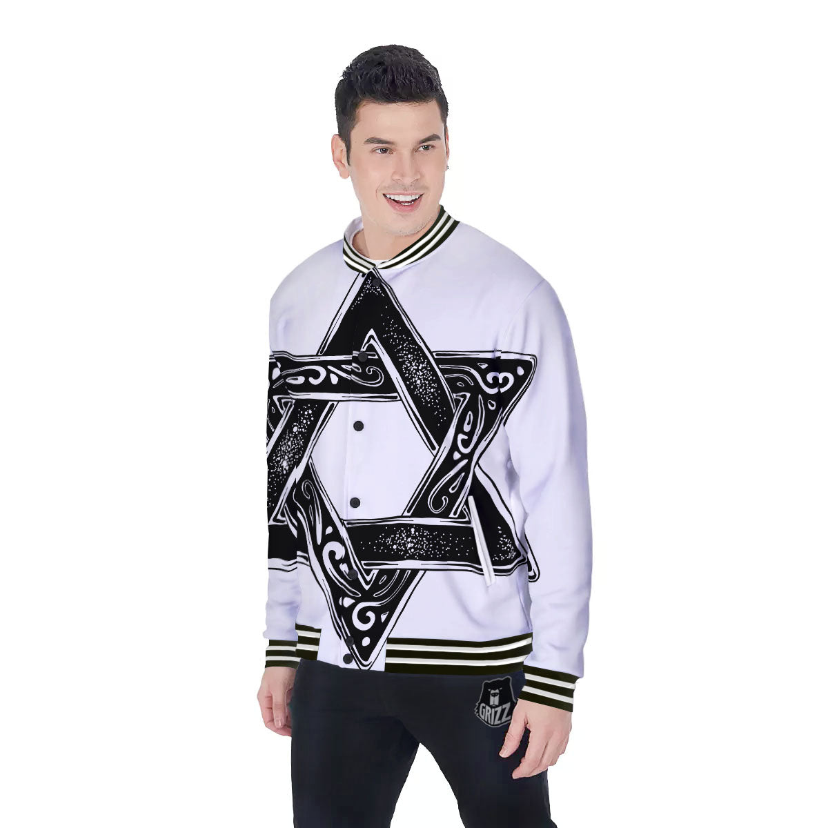 Star of David White And Black Print Baseball Jacket-grizzshop