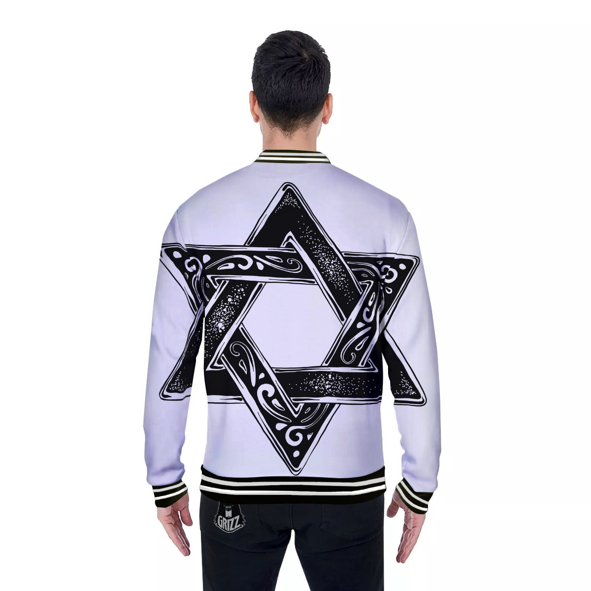 Star of David White And Black Print Baseball Jacket-grizzshop