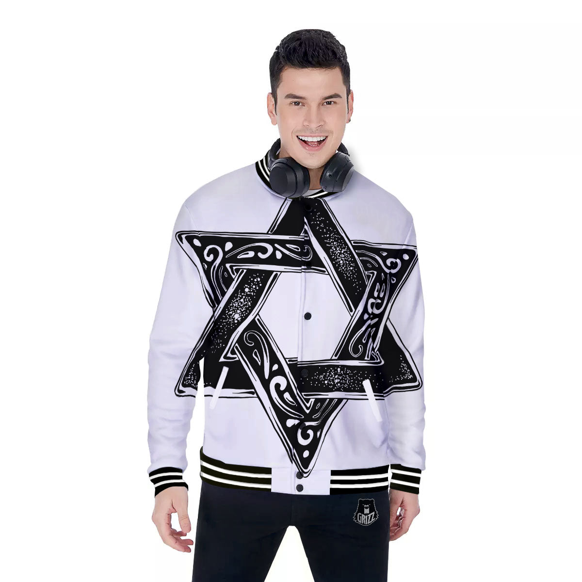 Star of David White And Black Print Baseball Jacket-grizzshop