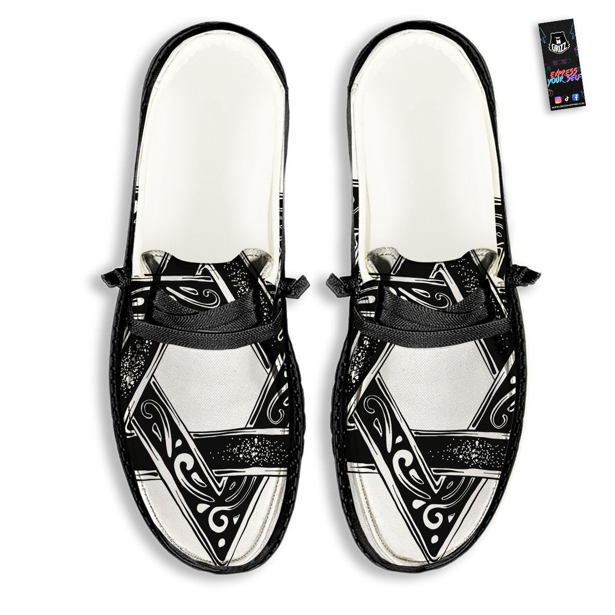 Star of David White And Black Print Black Loafers-grizzshop