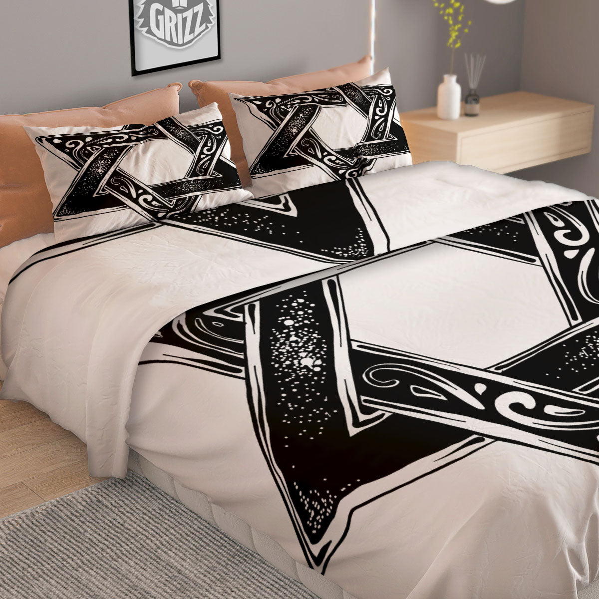 Star of David White And Black Print Duvet Cover Bedding Set