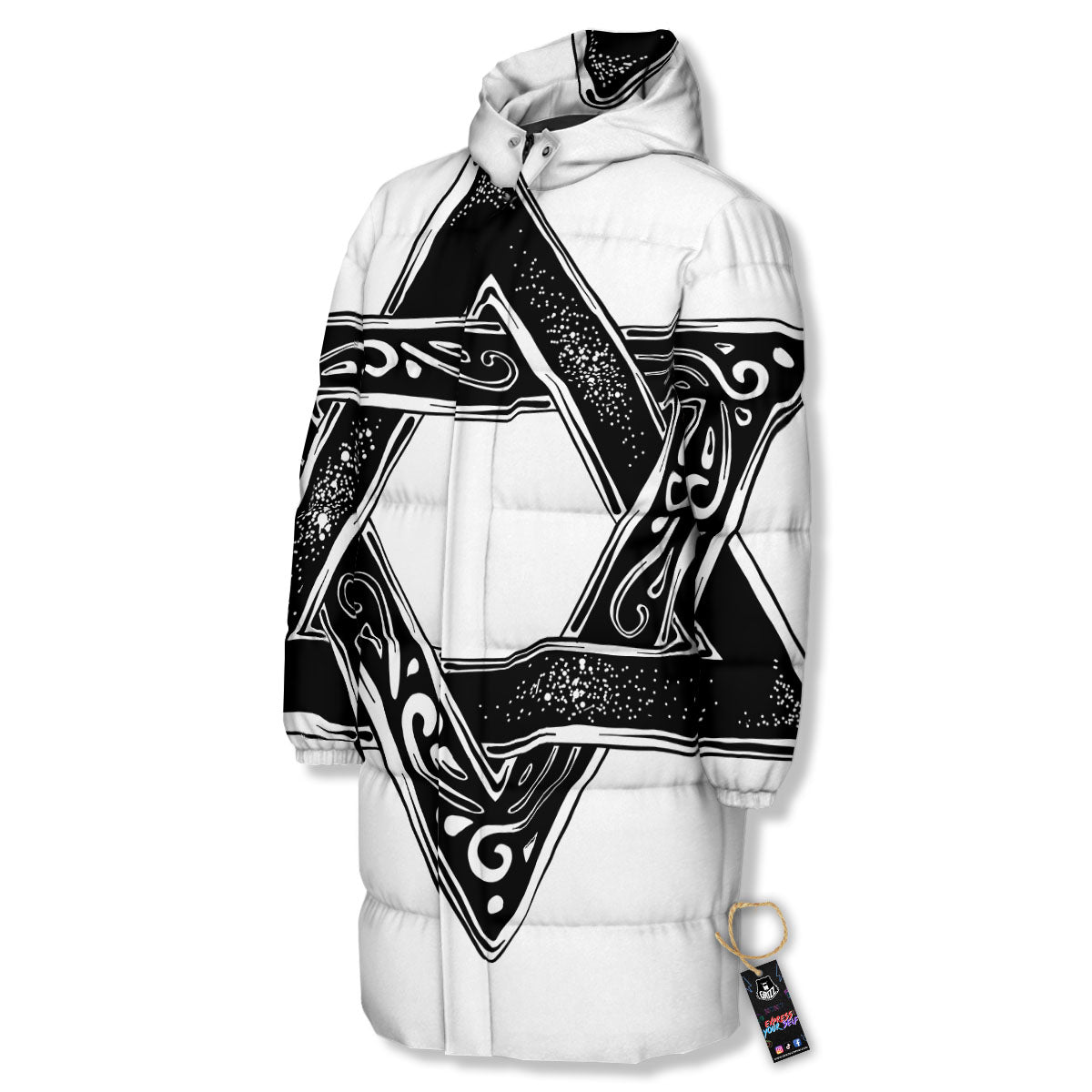 Star of David White And Black Print Long Down Jacket-grizzshop