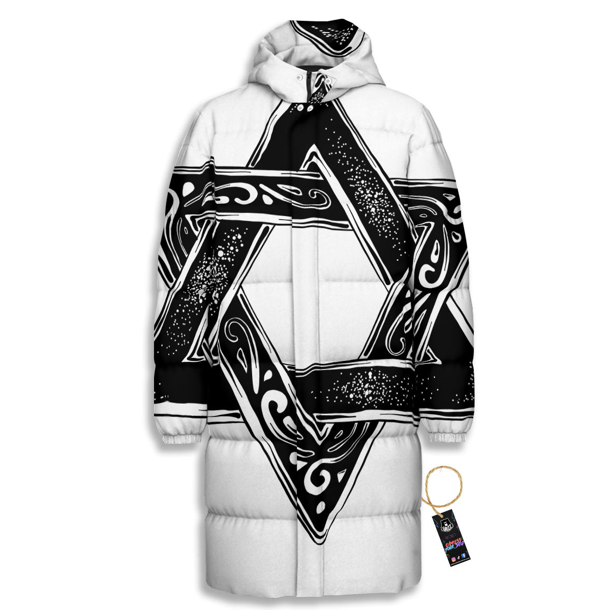 Star of David White And Black Print Long Down Jacket-grizzshop