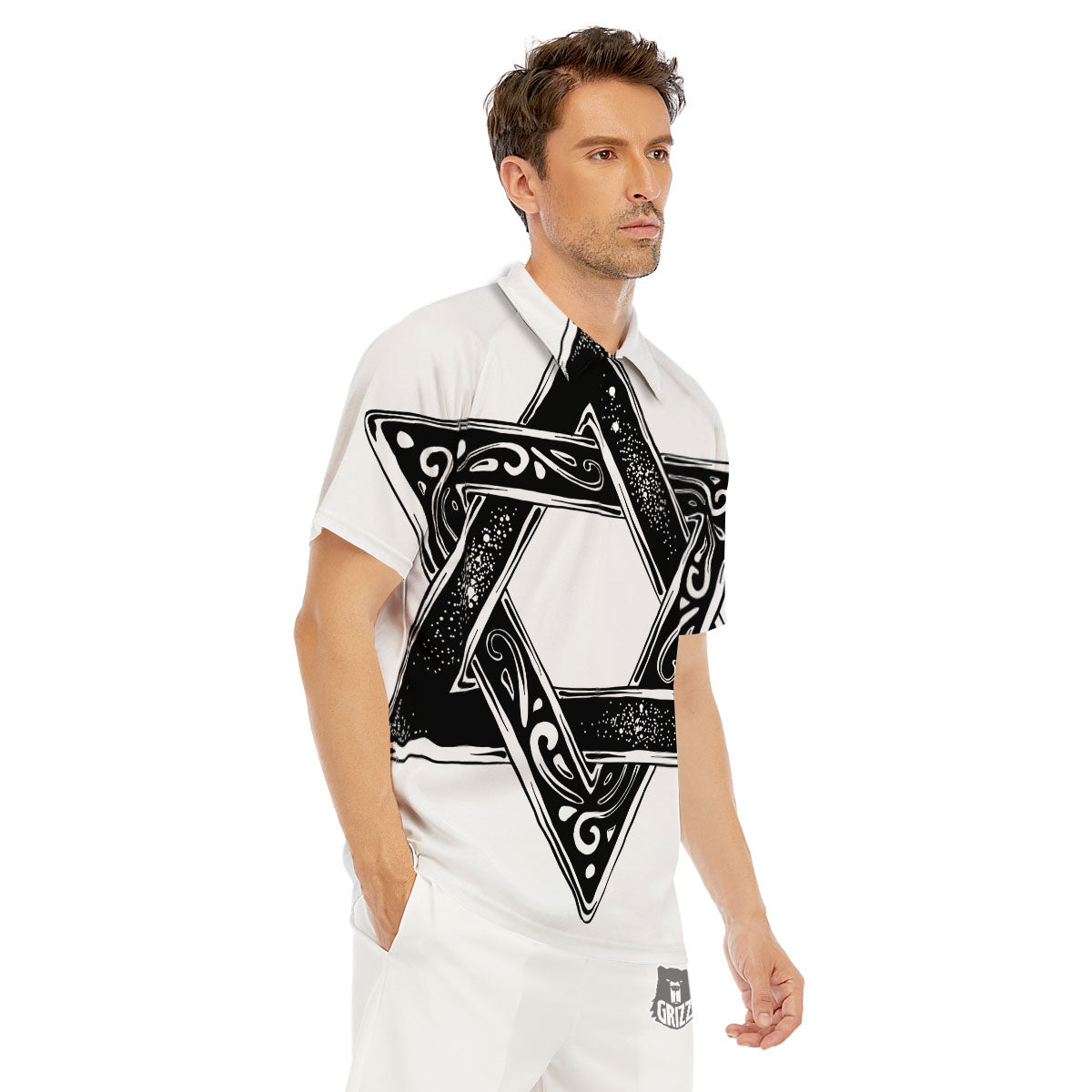 Star of David White And Black Print Men's Golf Shirts-grizzshop