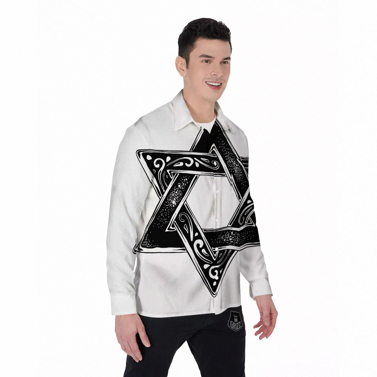 Star of David White And Black Print Men's Long Sleeve Shirts-grizzshop