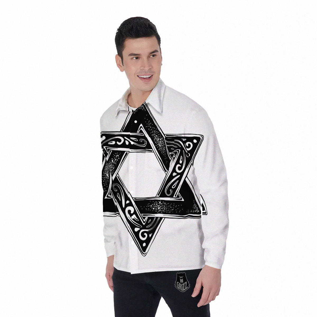 Star of David White And Black Print Men's Long Sleeve Shirts-grizzshop