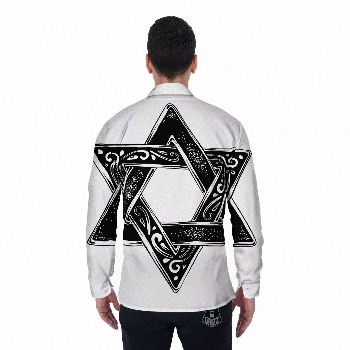 Star of David White And Black Print Men's Long Sleeve Shirts-grizzshop