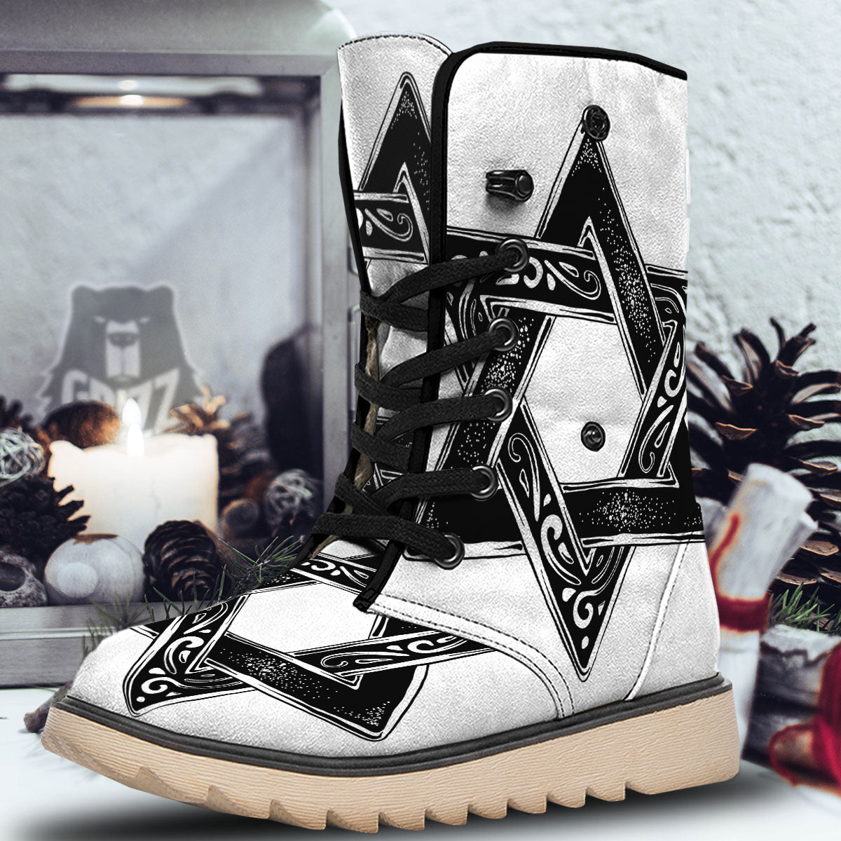 Star of David White And Black Print Snow Boots-grizzshop