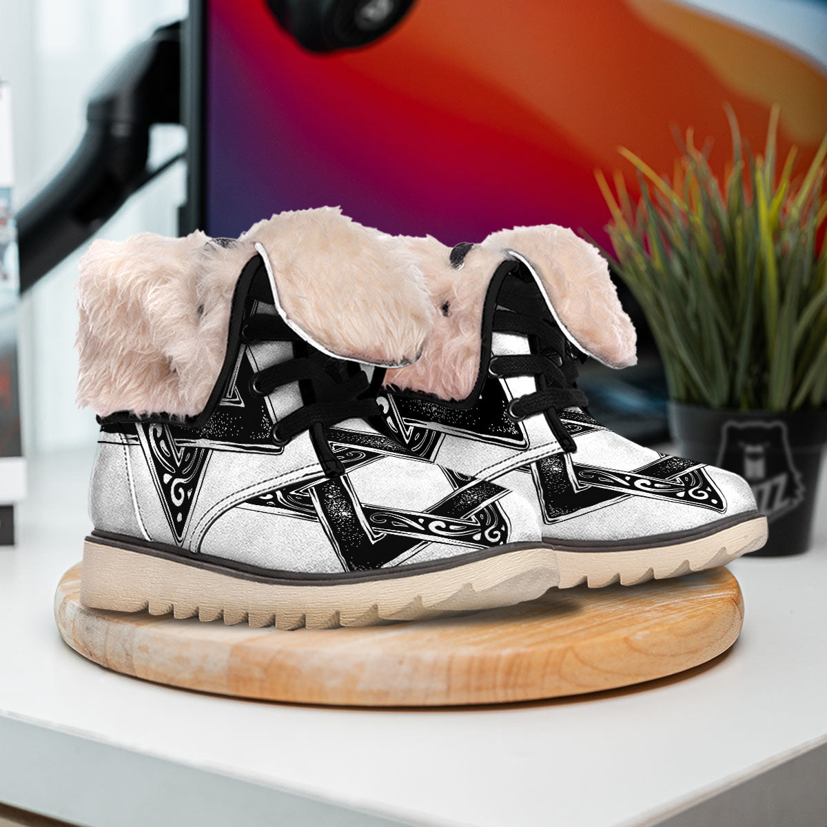 Star of David White And Black Print Snow Boots-grizzshop
