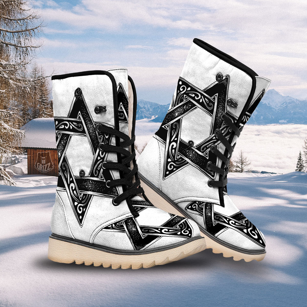 Star of David White And Black Print Snow Boots-grizzshop