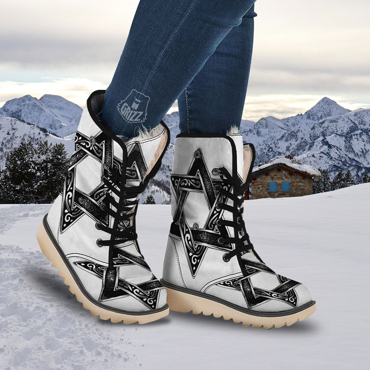 Star of David White And Black Print Snow Boots-grizzshop
