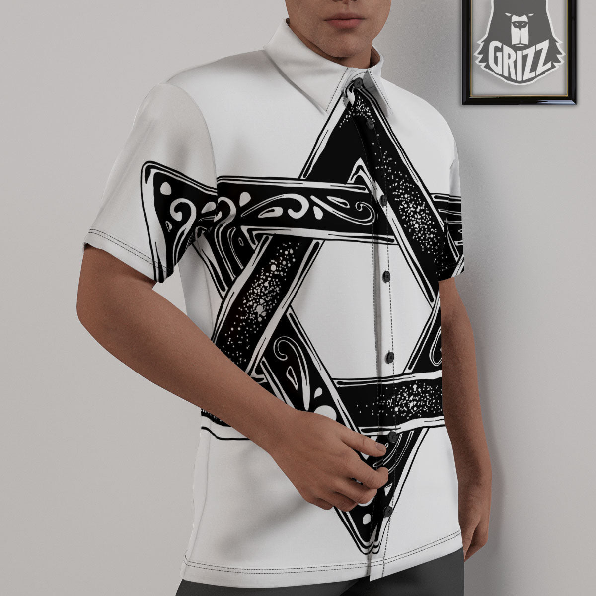 Star of David White And Black Print Untucked Shirts-grizzshop
