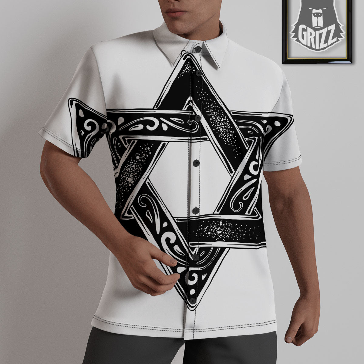 Star of David White And Black Print Untucked Shirts-grizzshop
