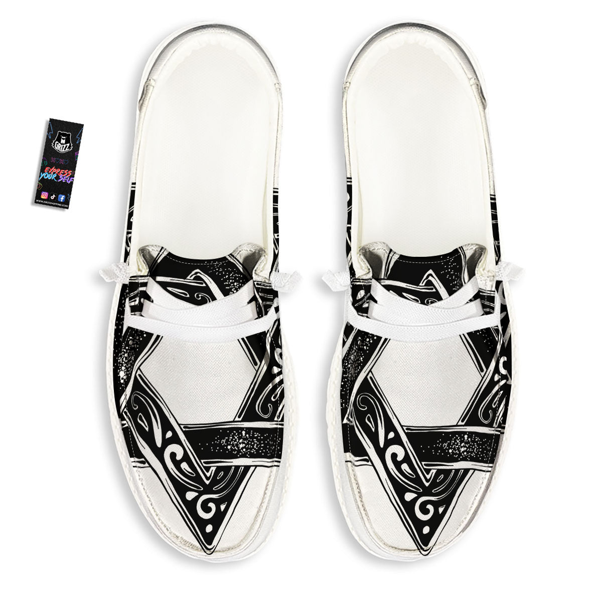 Star of David White And Black Print White Loafers-grizzshop